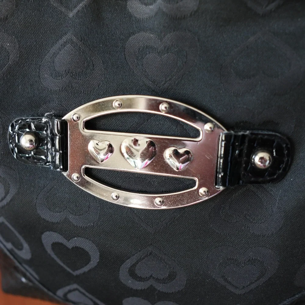 Black Hearts Pattern Y2K Crocodile Crossbody Shoulder Bag‎ Silver Buckle Vintage